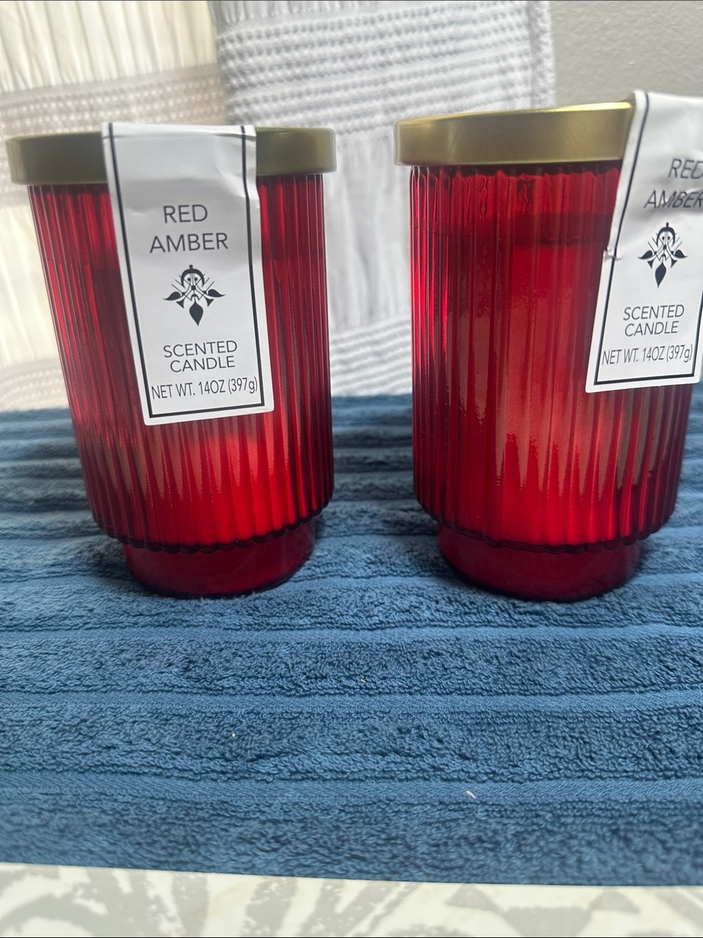 Red Amber Ribbed Glass Scented Candles Set of 2 NWT
